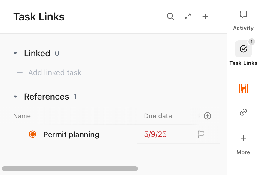 Captura de tela da seção Referências da página Links de tarefas em uma tarefa.
