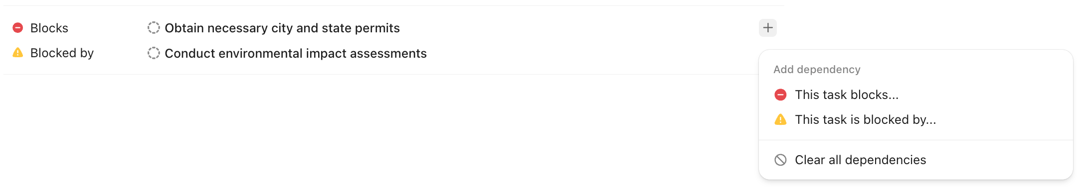 Screenshot della sezione dipendenza di un'attività.