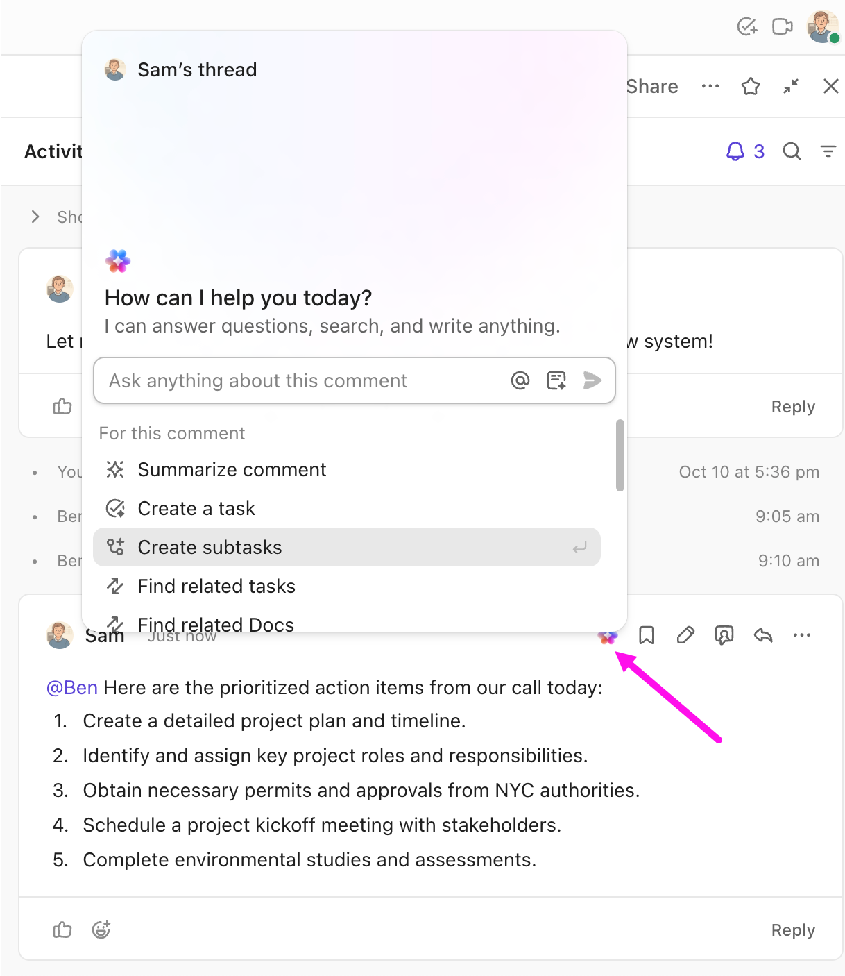 Screenshot dell'opzione per utilizzare l'IA per creare attività secondarie.