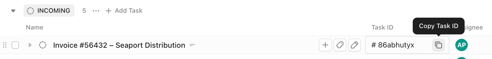 Screenshot dell'opzione per copiare l'ID di un'attività dalla vista Elenco.