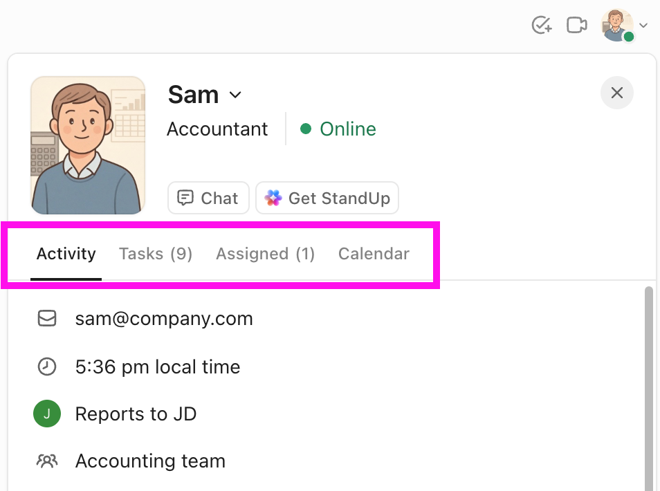 Screenshot of a profile, highlighting the profile tabs.