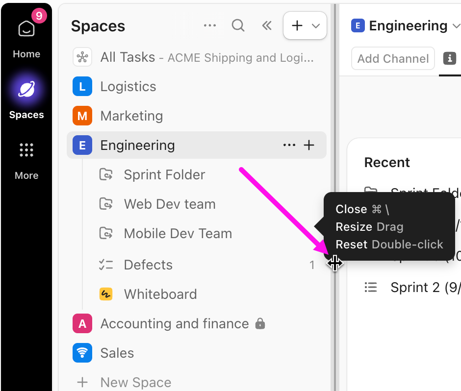 Screenshot showing how to expland, close, resize, and reset the width of the Home or Space Sidebar.png
