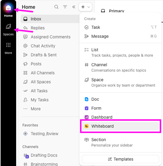 Screenshot of Home and Spaces highlighted in the Global Navigation and Whiteboards selected in the Create menu.png