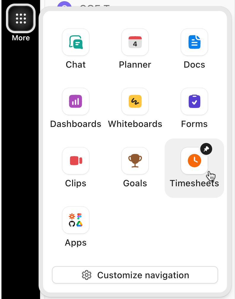 Screenshot highlighting the More menu in the Global Navigation and Timesheets in the More menu.png