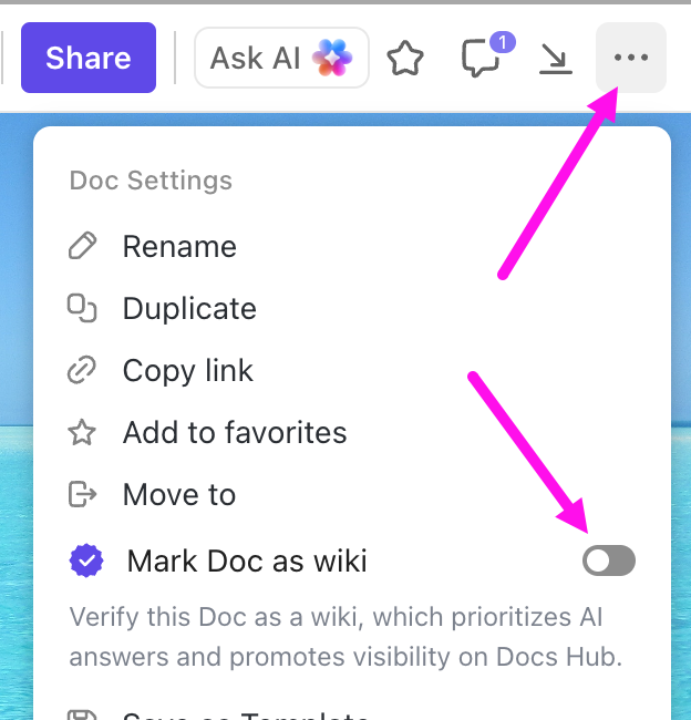 Screenshot of the ellipsis ... menu and the Mark Doc as wiki toggle.png