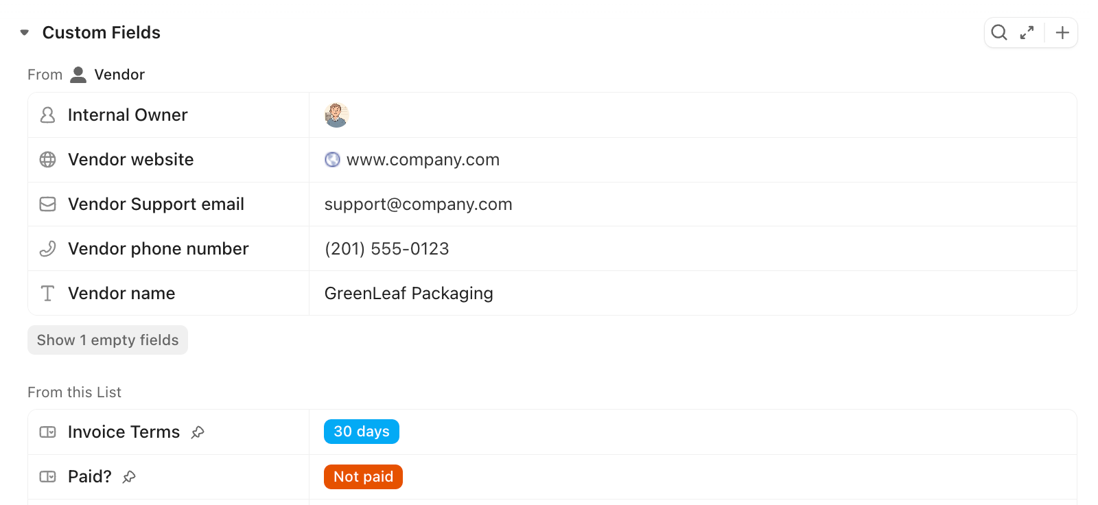 Screenshot of the Custom Fields section of task including task type Custom Fields.