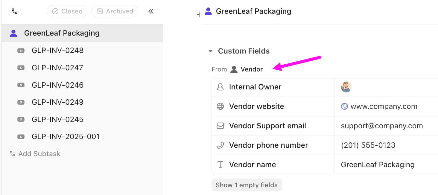 Screenshot of a parent task using the vendor task type.
