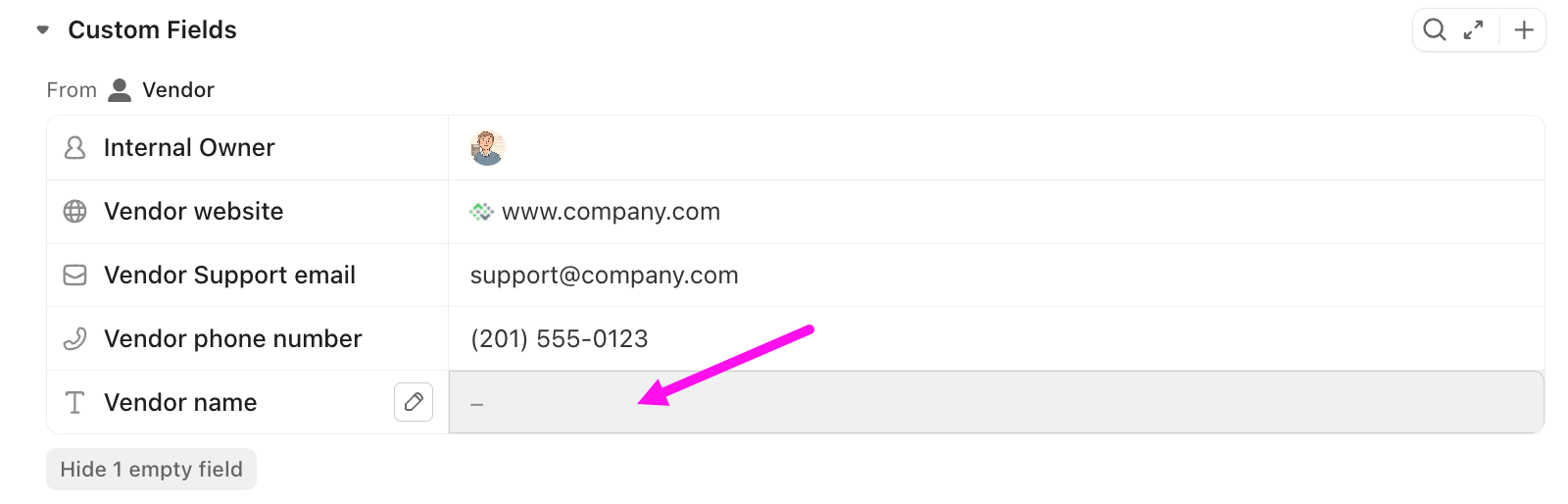 Screenshot of an empty task type Custom Field.