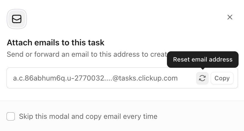 Capture d’écran de l’option pour réinitialiser l’adresse e-mail d’une tâche.