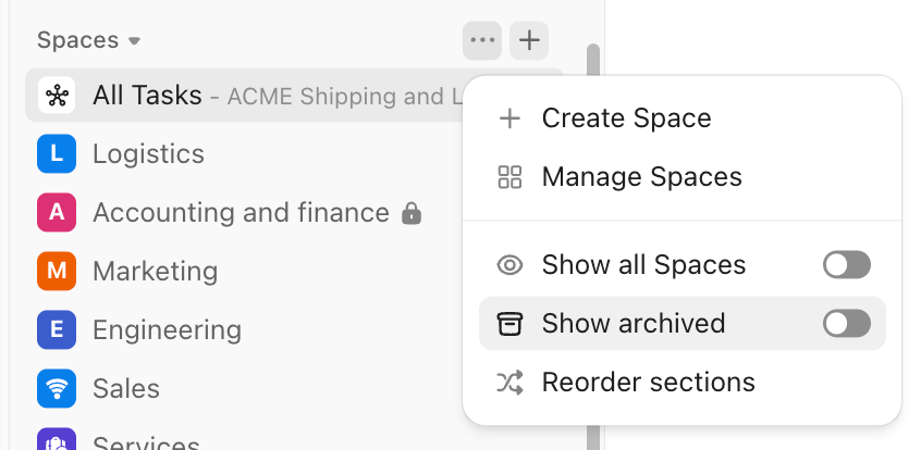 Captura de pantalla del menú de configuración de Espacios.
