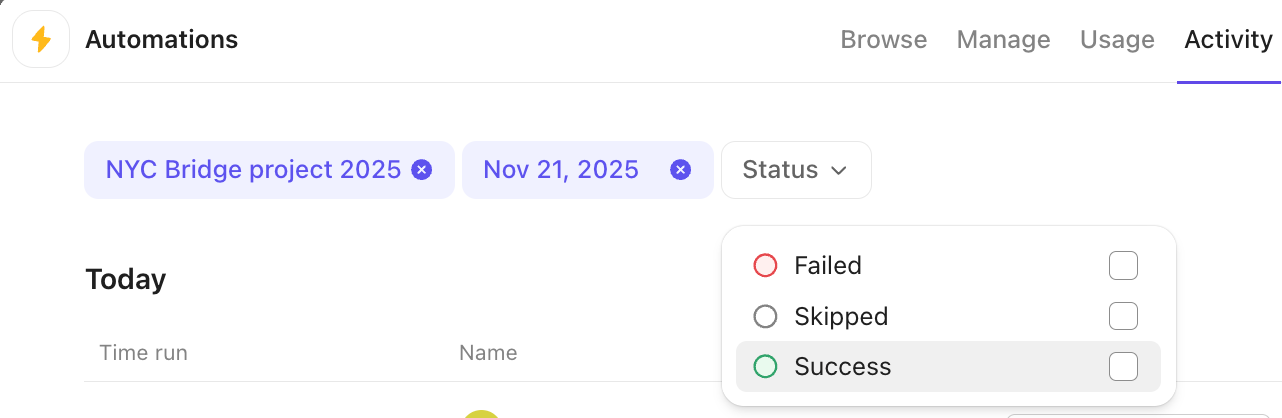 Screenshot of filters applied to the activity tab.