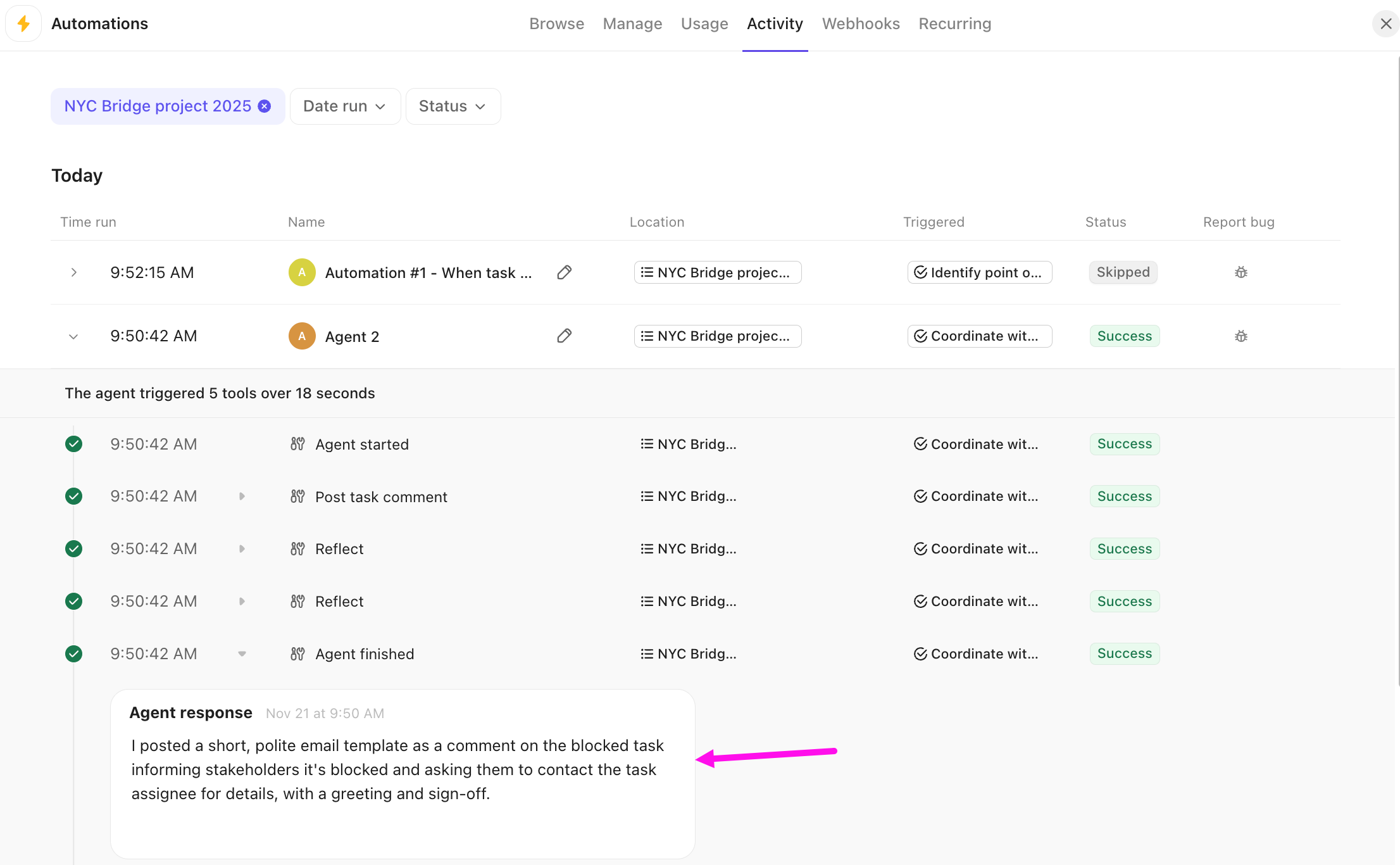 Screenshot of an expanded Agent run, including details of the Agent's response.