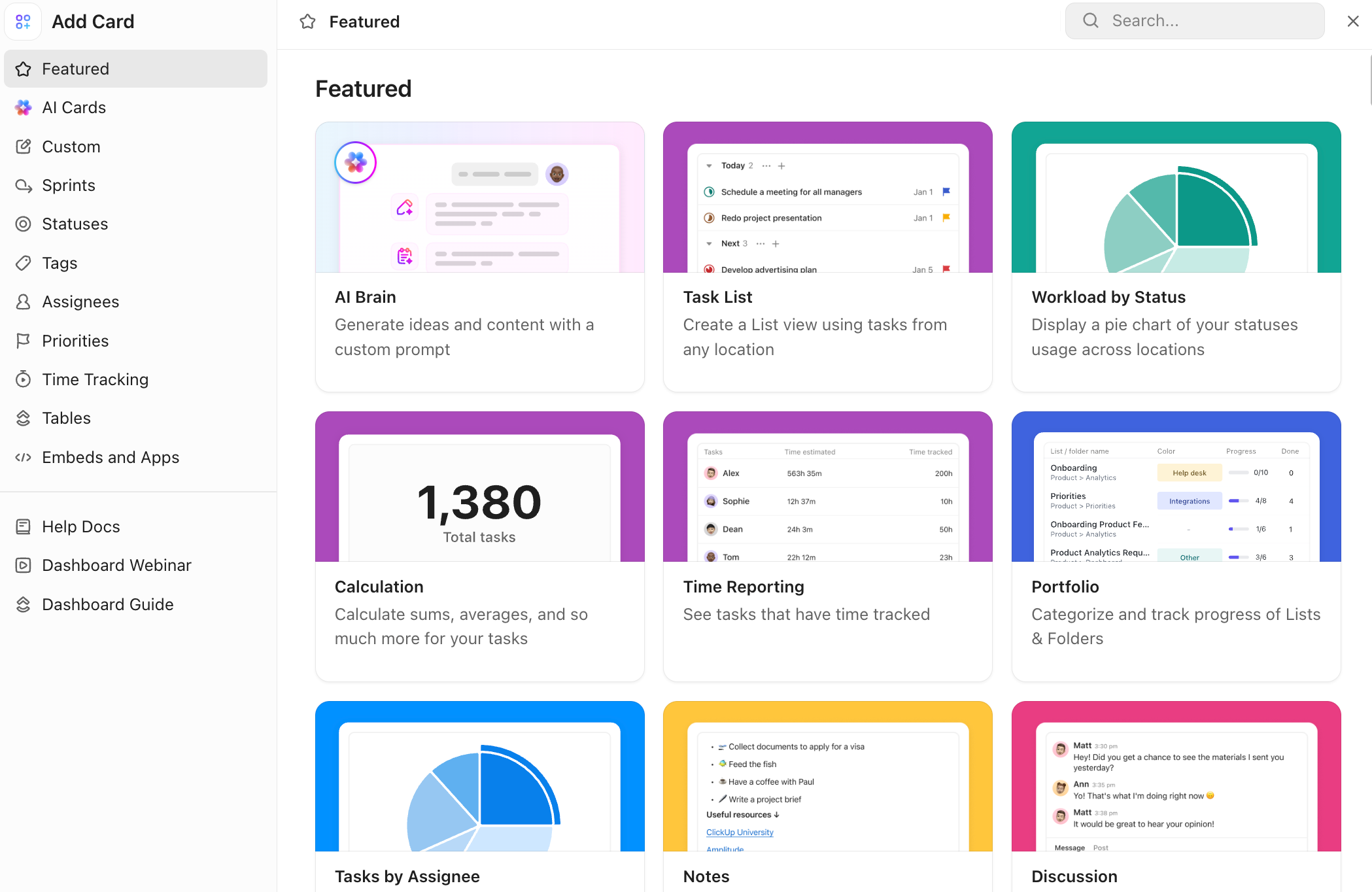 Captura de tela do modal de adição de cartão para Dashboards.