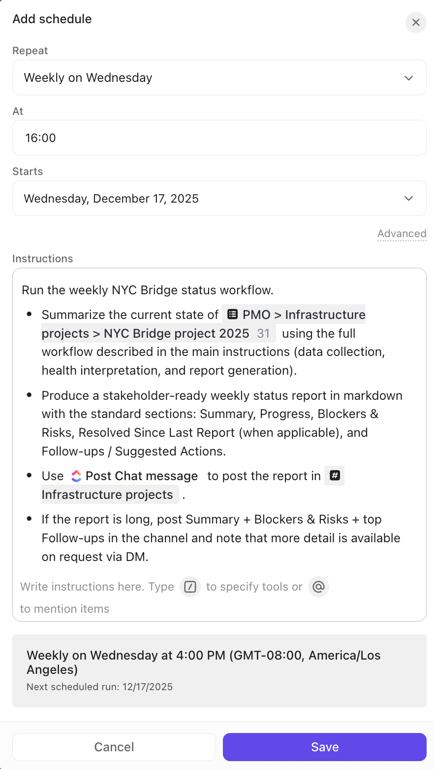 Screenshot of a Super Agent schedule trigger.