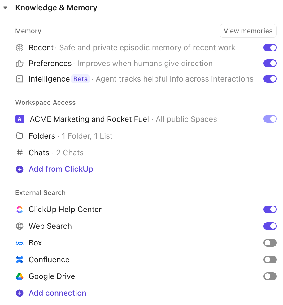 Screenshot of the Knowledge & Memory section of a Super Agent's profile.