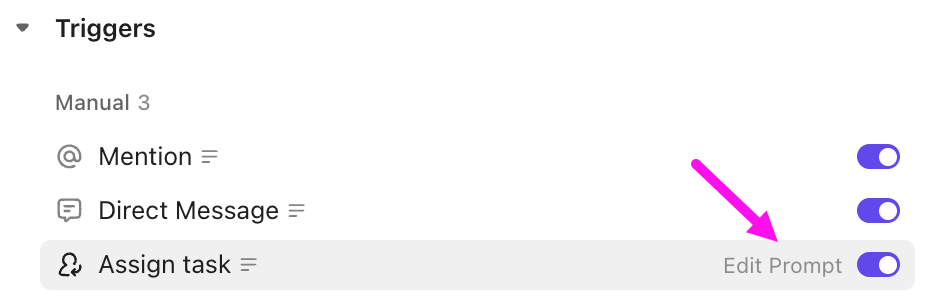 Screenshot of the option to edit the instructions for a specific manual trigger.