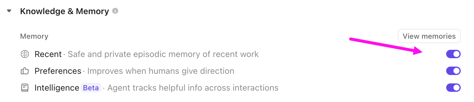 Screenshot of the Knowledge & Memory section of a Super Agent's profile.