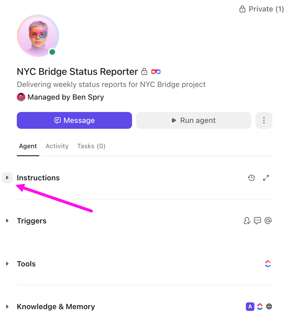 Screenshot of a Super Agent profile highlighting the option expand a section.