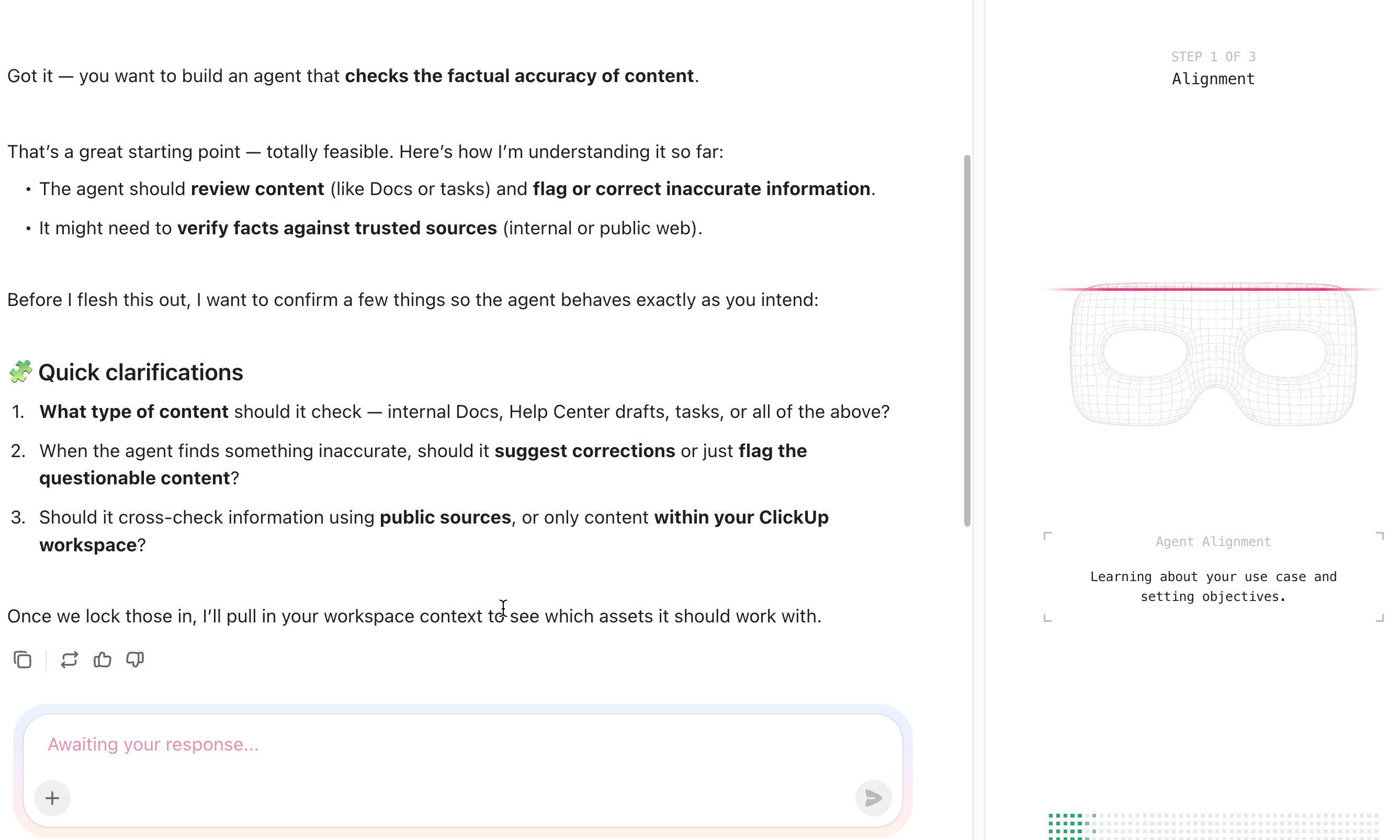 Screenshot of the natural language builder. On the left there's a conversation with the Super Agent, on the right there's animation and a progress bar visualizing the build.png