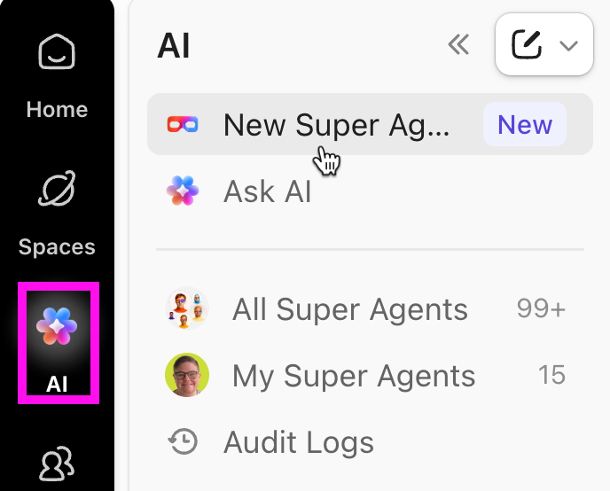 Screenshot highlghting the AI icon in the Global Navigation and New Agent being selected in the AI sidebar.png