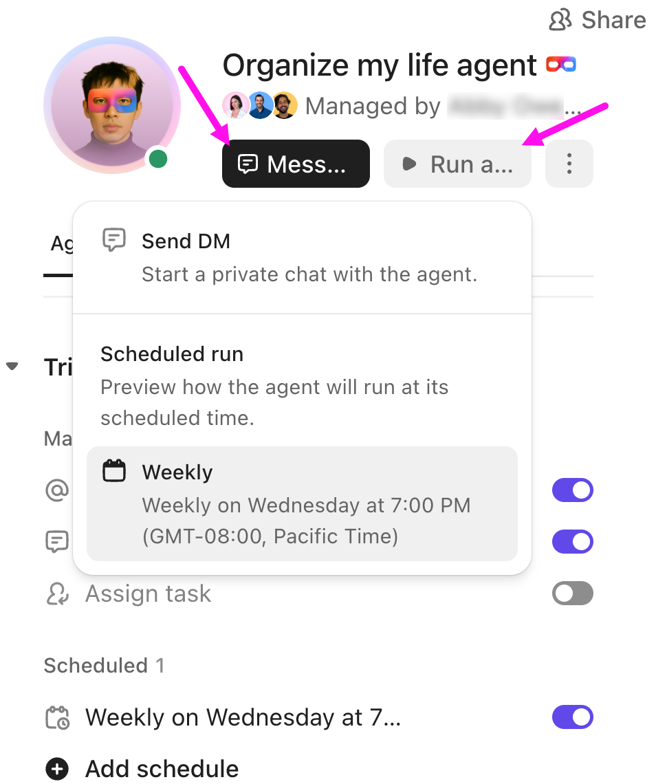 Screenshot of the right sidebar of the Super Agent builder highlighting the Message and Run Agent buttons. The Run Agent dropdown is open .png