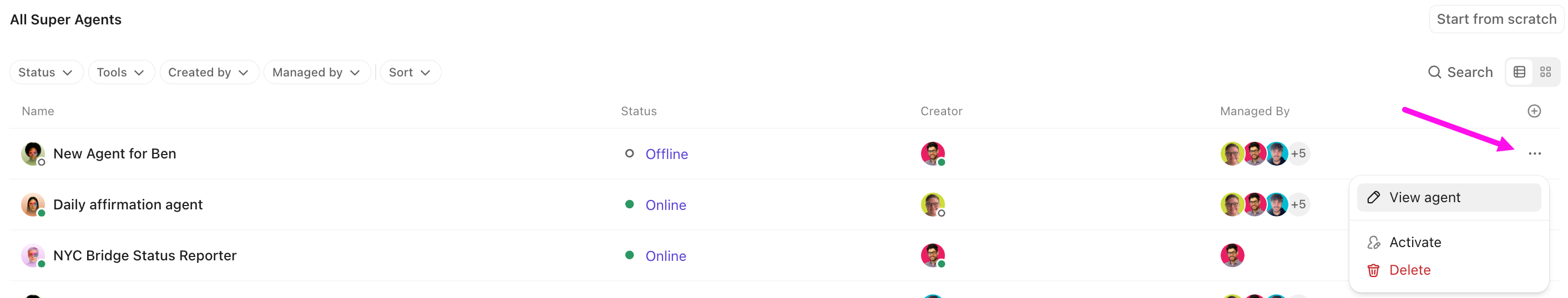 Screenshot of context menu options available for Super Agents.