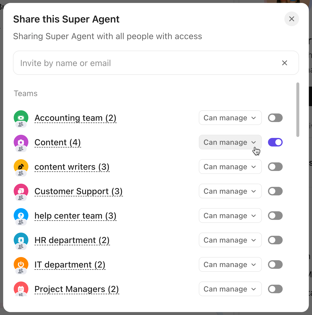 Screenshot showing the Share modal. A Team is selected and the cursor is on the permission dropdown.png