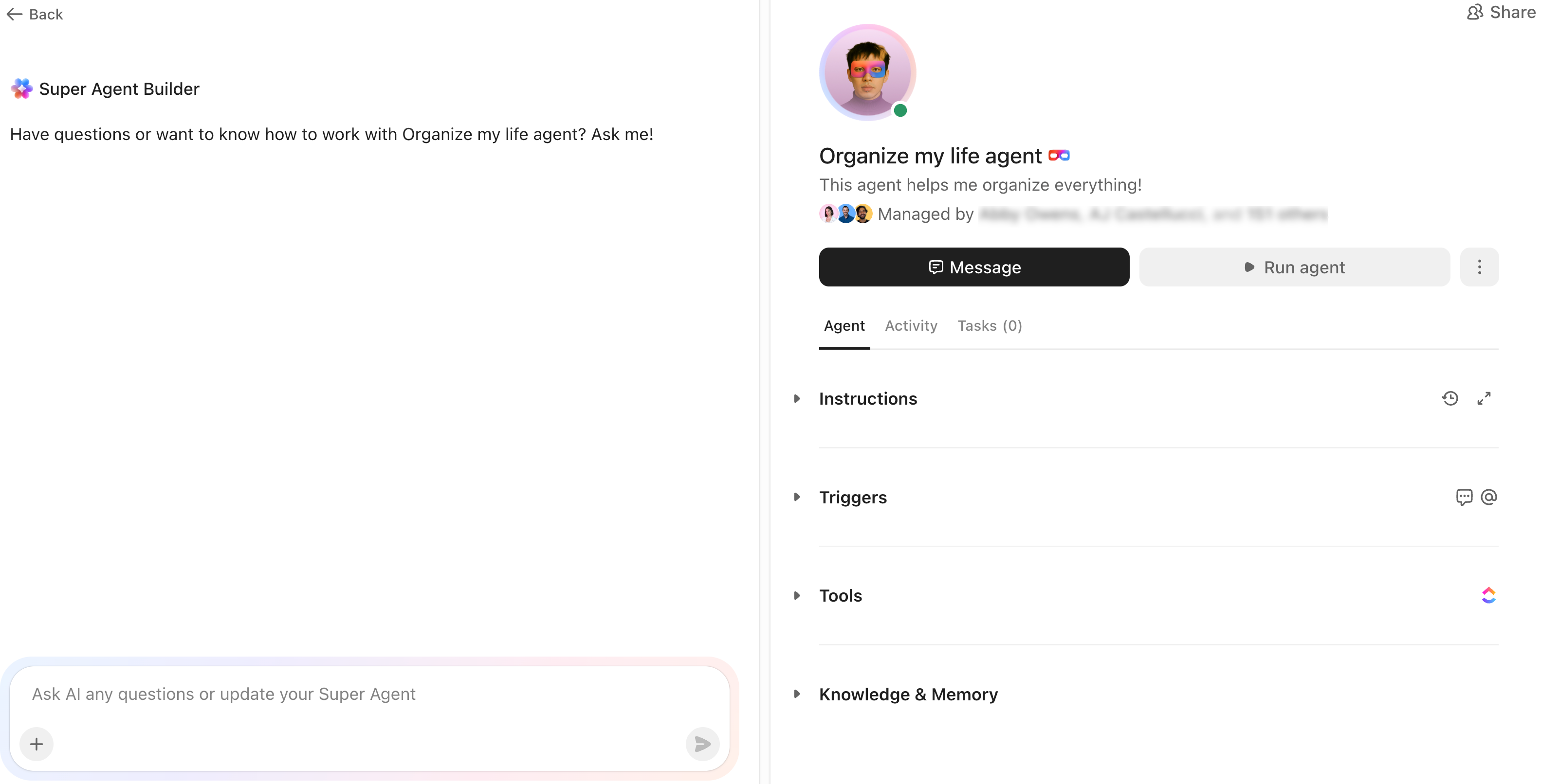 Screenshot showing the left and right sides of the Super Agent builder.png