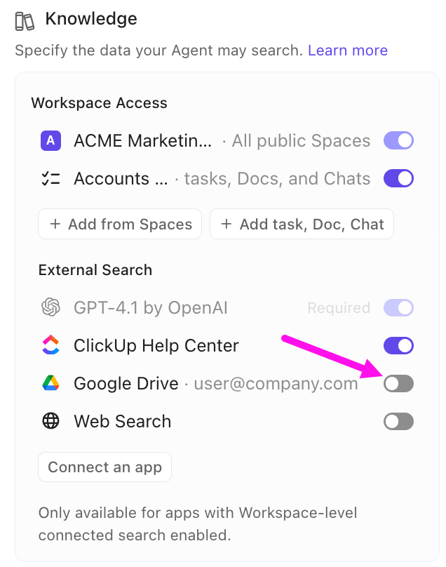 Screenshot of the option to deactivate a source of knowledge for an Autopilot agent.
