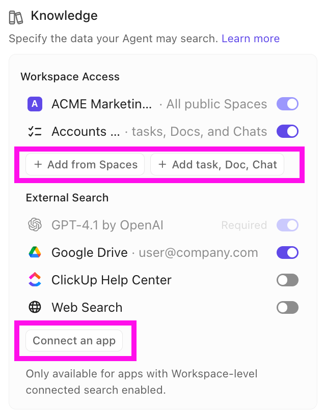 Screenshot of the options to add knowledge to an Autopilot Agent.