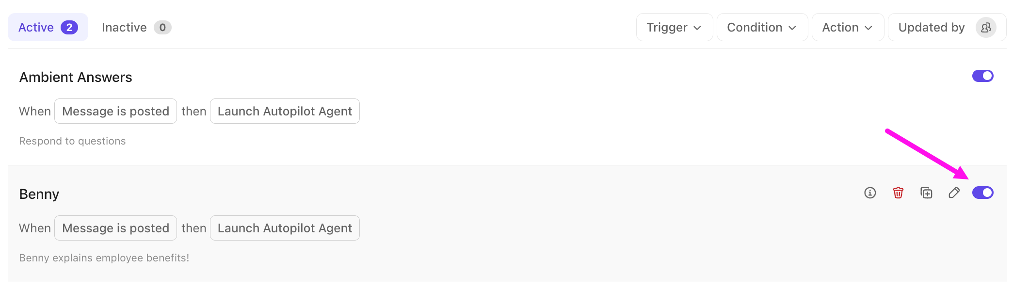 Screenshot of the option to deactivate an Autopilot Agent.
