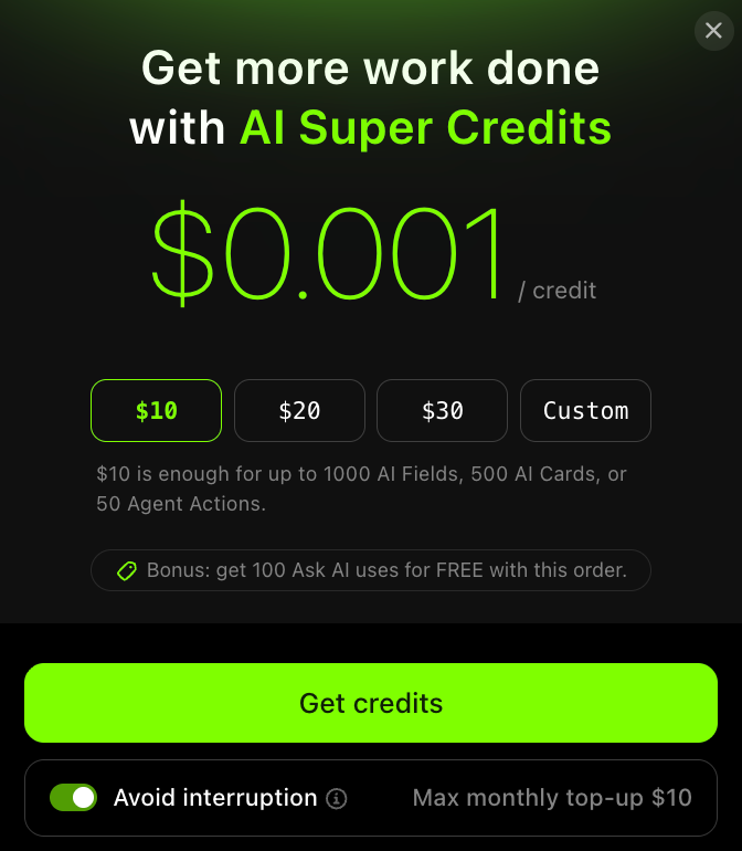 Screenshot of the modal to purchase AI Super Credits.