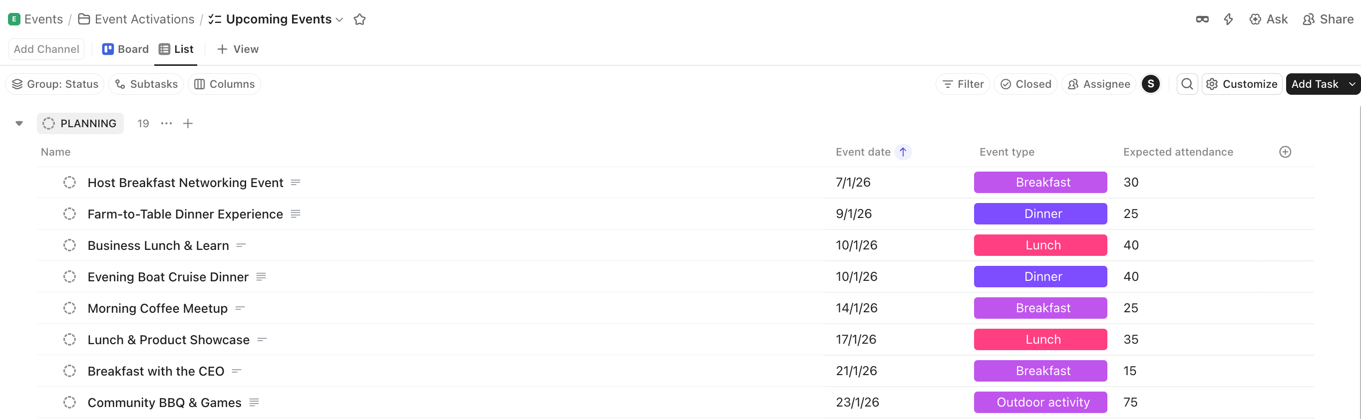 Screenshot of example events in a List.