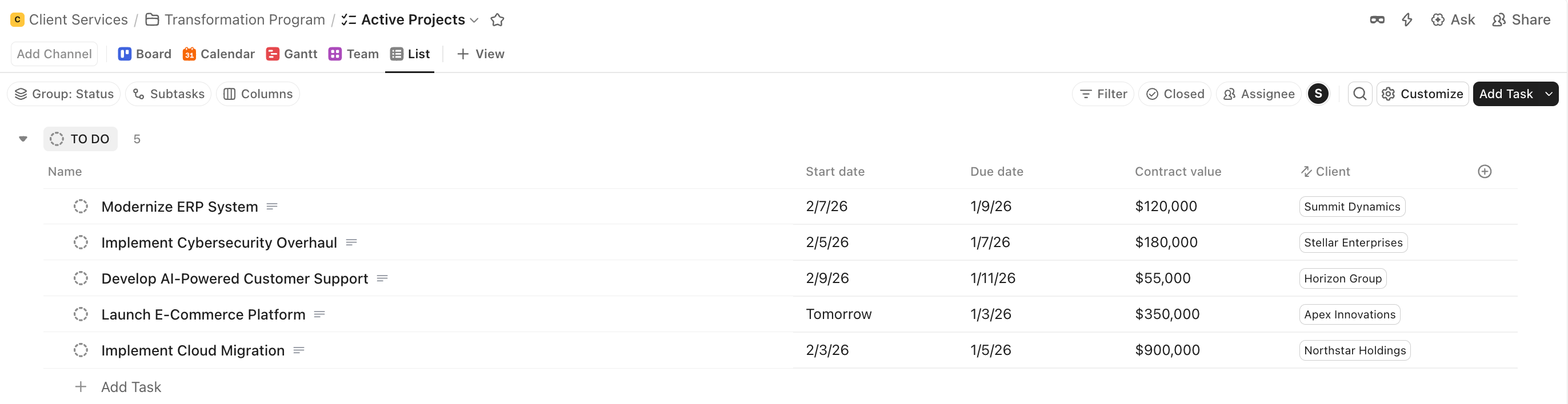 Screenshot of example client services projects.