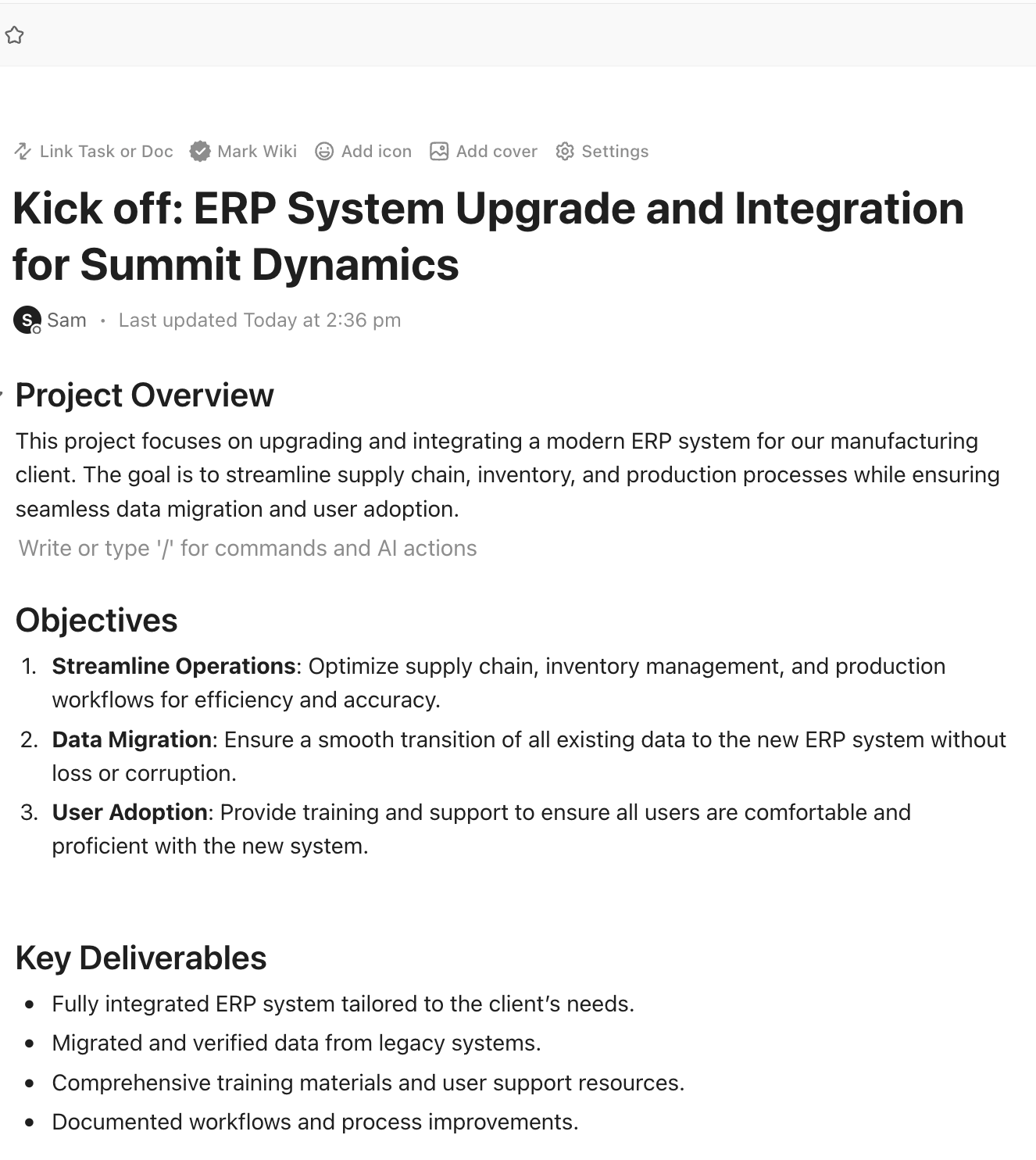 Screenshot of a project kick off doc.