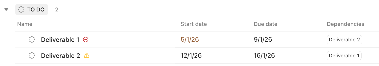 Capture d’écran des tâches avec une relation de dépendance.