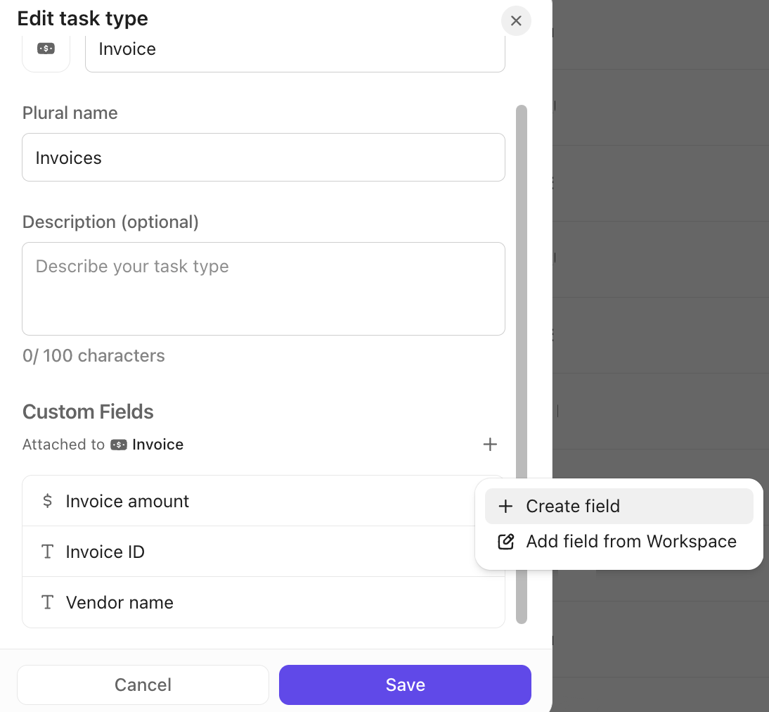 Screenshot of the option to create a field from a task type in Workspace settiings.