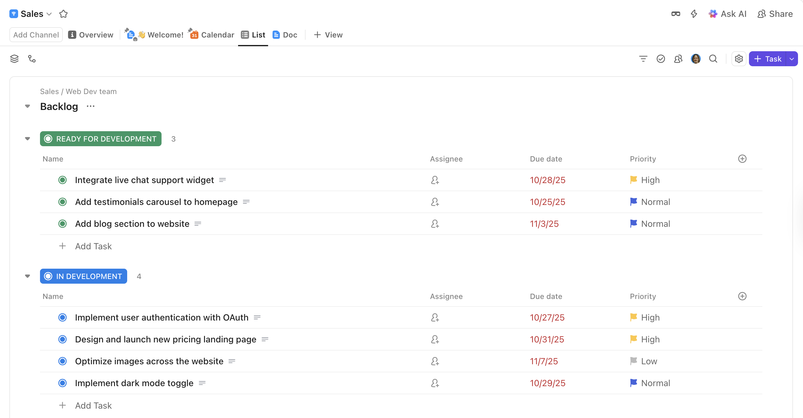 Screenshot der Listenansicht.