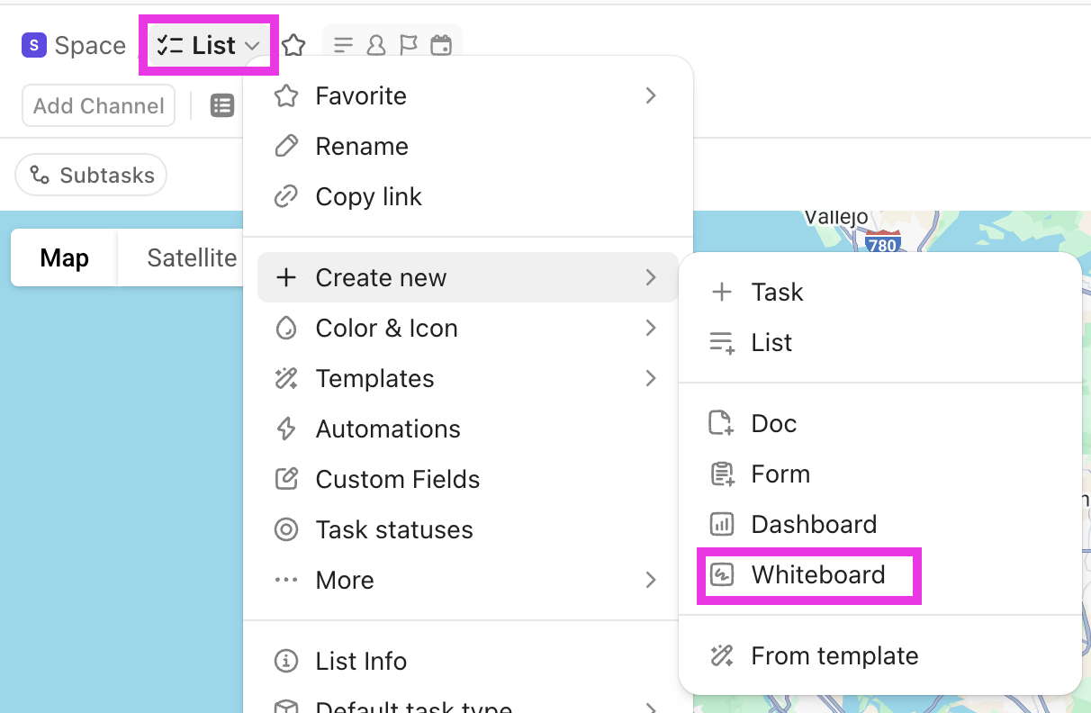 Captura de pantalla de alguien creando una pizarra desde el encabezado de la lista.png