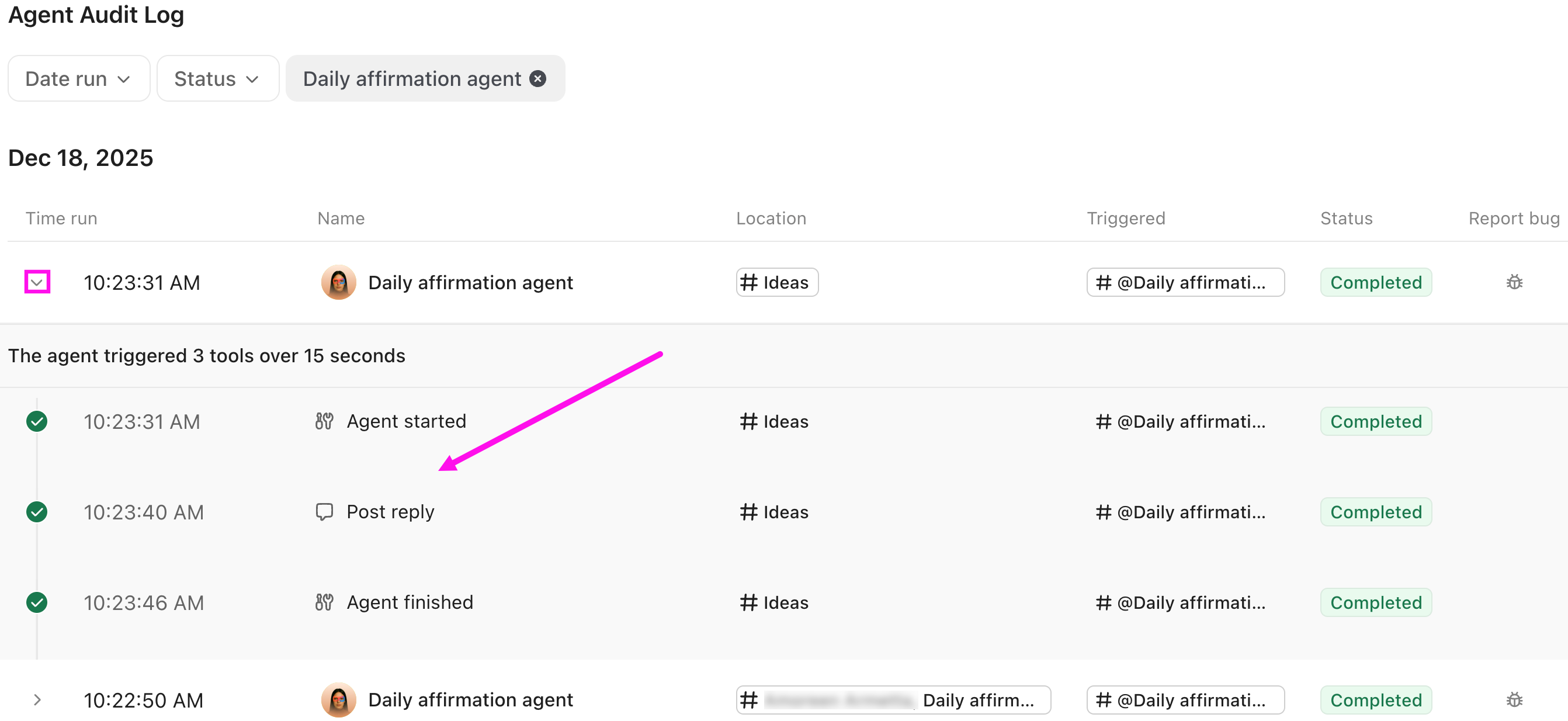 Screenshot of the Agent Audit Log showing a Time run expanded. The details show that the agent triggered 3 tools over 15 seconds, and specify which tools ran.png