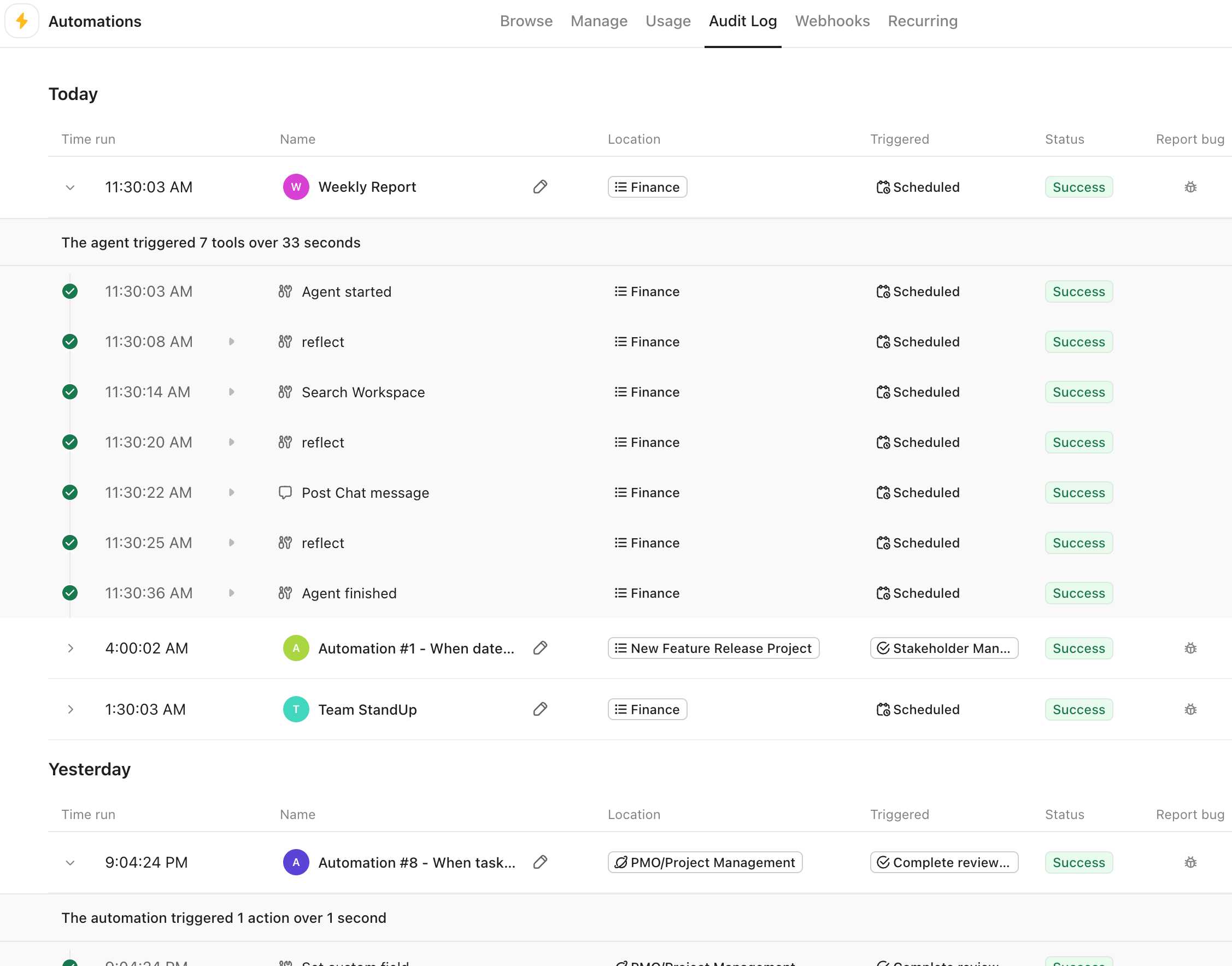 Screenshot of the Agent and Automations Audit Log showing an expanded, detailed table for two runs.png