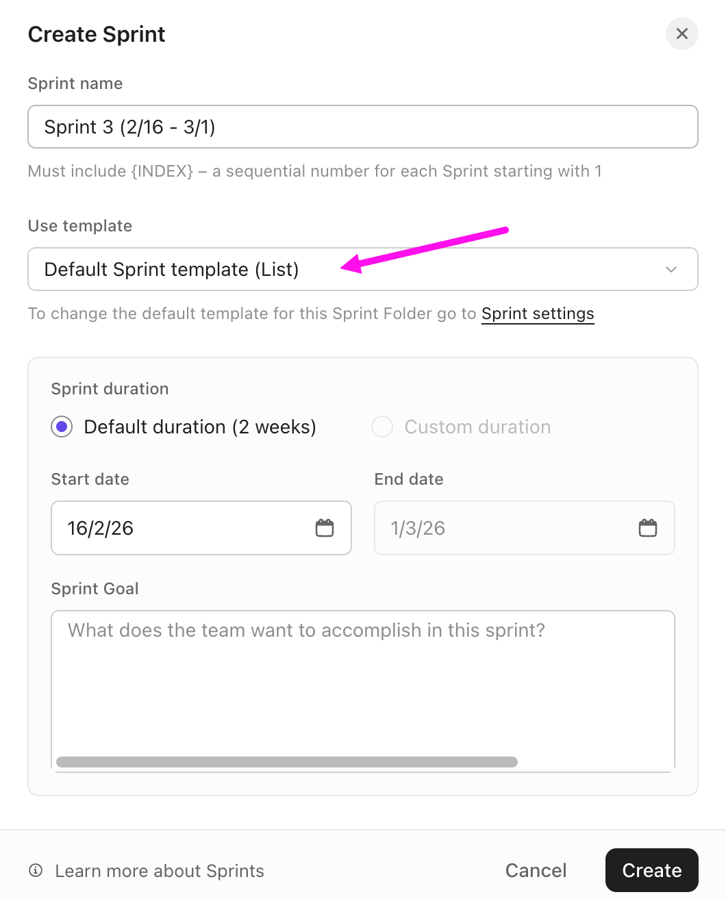 Screenshot of the Create Sprint modal, highlighting the default template applied to the new sprint.