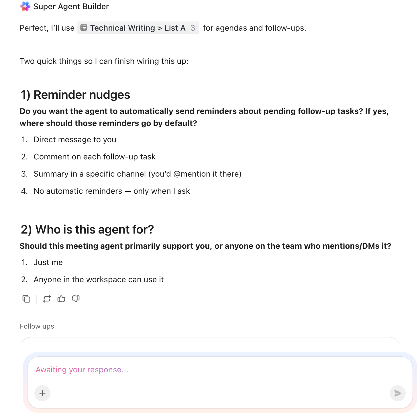Screenshot of the Meetings Manager Super Agent asking follow up questions while being built.png