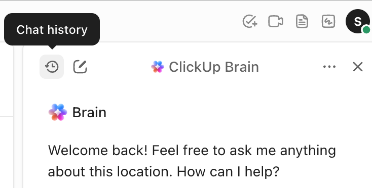 Screenshot of the Chat history button for ClickUp Brain.