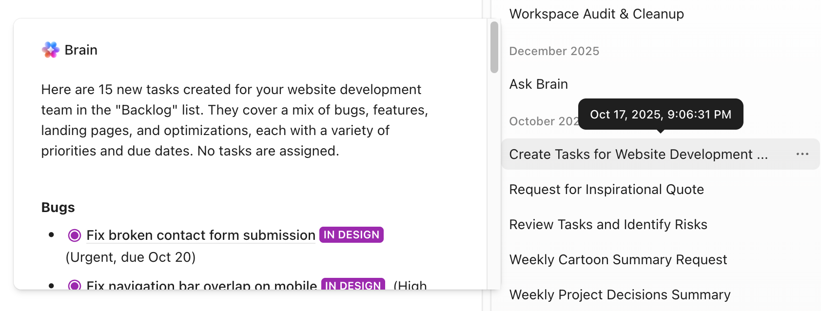 Screenshot of a past conversation with ClickUp Brain.