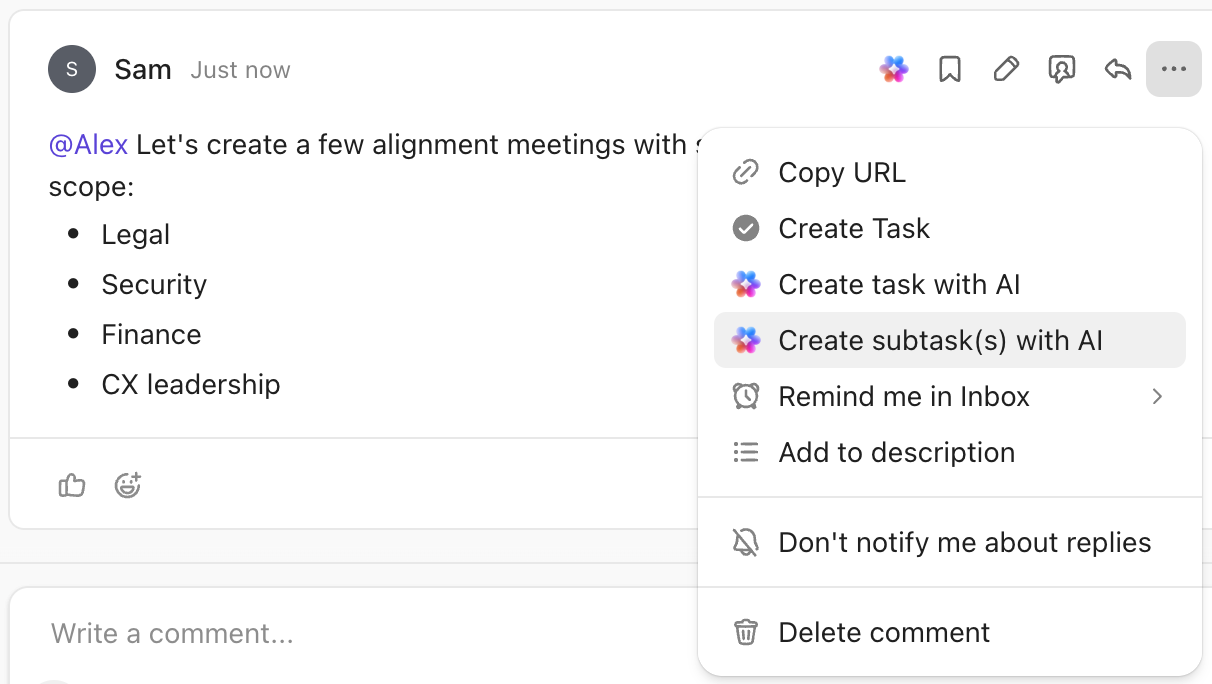 Screenshot of the option to create subtasks with AI from a task comment.