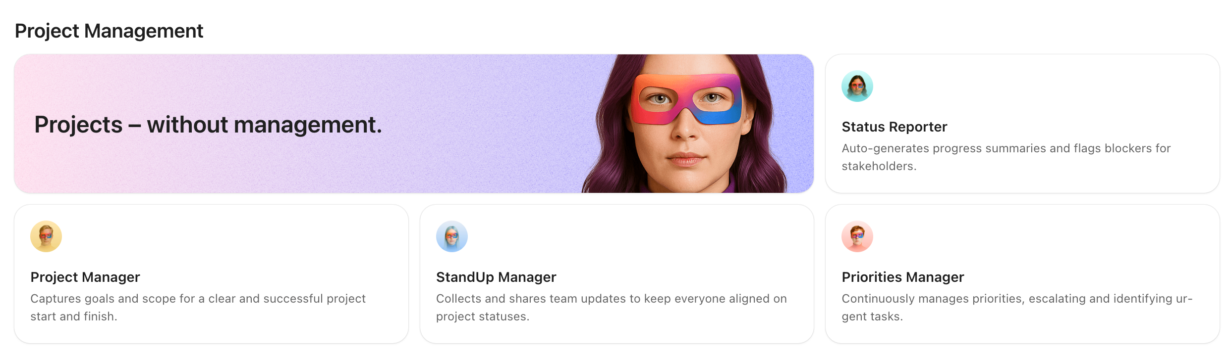 Screenshot of the Project Management Super Agent catalog.