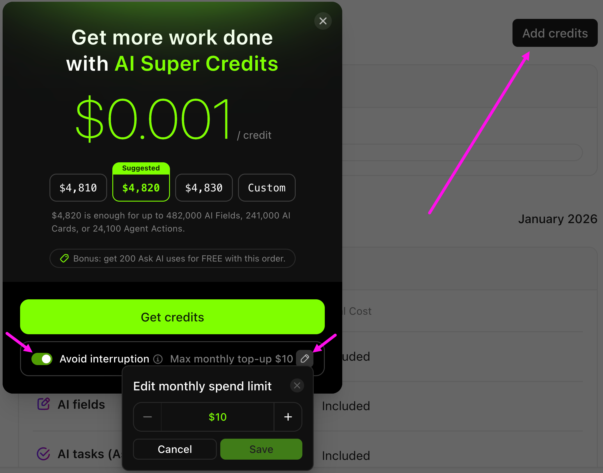 Screenshot of the Get credits modal, with the Avoid interruption toggle and pencil icon highlighted.png