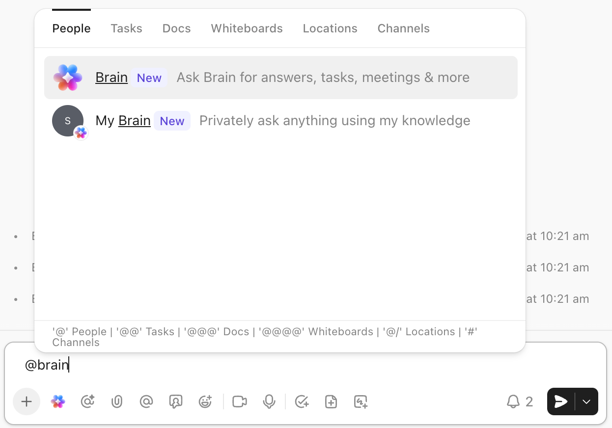 Screenshot of the option to @ mention brain from a task comment.