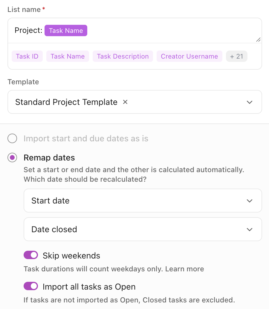 Screenshot of the option to remap dates.